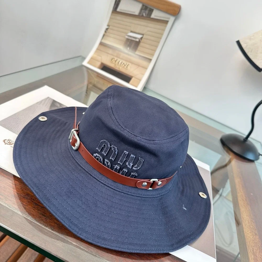 Miu Miu Navy Leather Strap Embroidered Wide Brim Bucket Hat